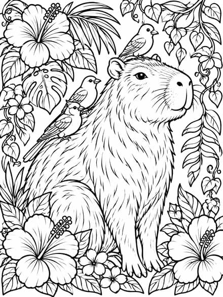 Ornate Capybara with Birds and Flora Coloring Page