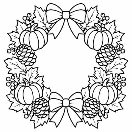 Autumn Harvest Wreath with Acorns and Pumpkins Coloring Page