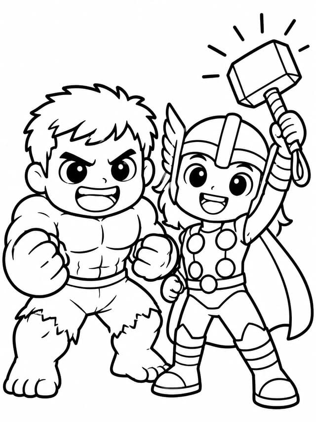 Chibi Hulk and Thor Coloring Page