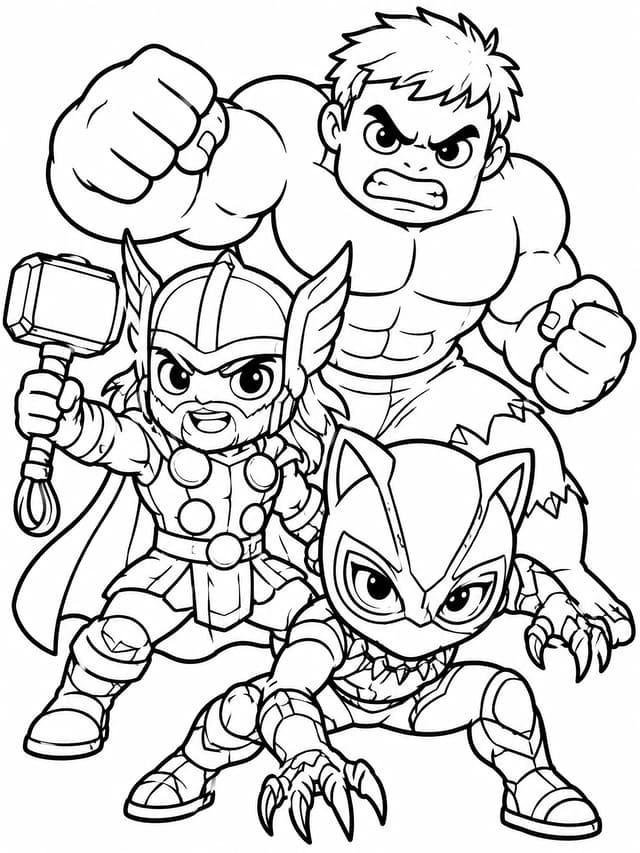 Chibi Avengers Team Squad Coloring Page