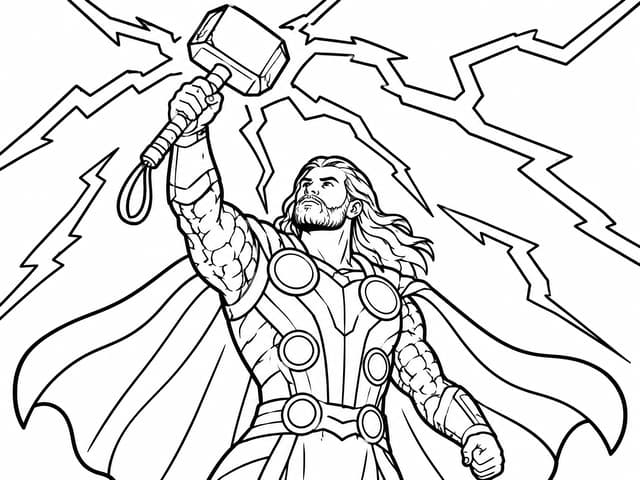 Mighty Thor Hammer Lightning Coloring Page