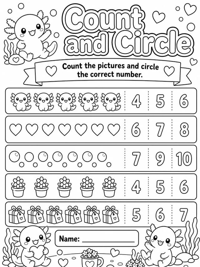 Counting Axolotl Coloring Page