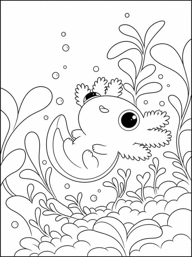 Cute Pink Axolotl Swims Through Glowing Underwater Coloring Page