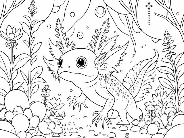 Magical Axolotl Explores Glowing Underwater Forest Coloring Page