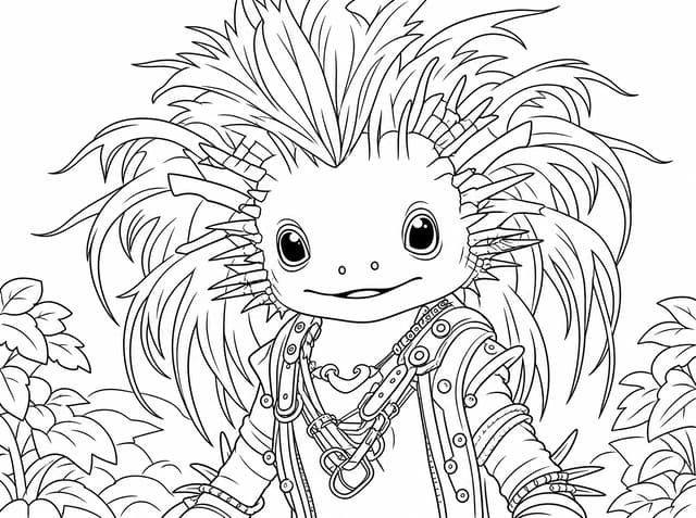 Spiky Pink Haired Creature In Steampunk Armor Smiling Coloring Page