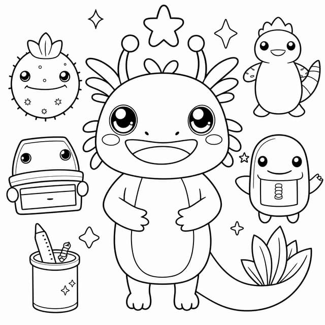 Smiling Axolotl with Cartoon Friends Coloring Page