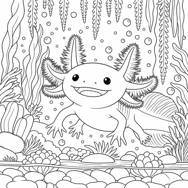 Happy Axolotl Swimming Through Bubbles Coloring Page