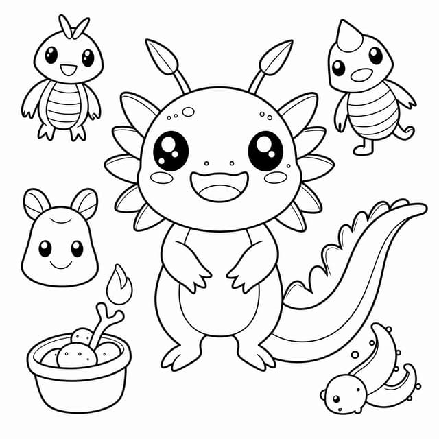 Smiling Axolotl and Friends Coloring Page