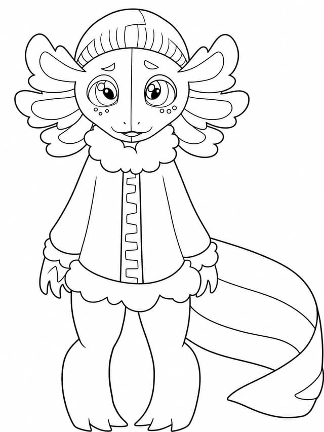Axolotl In Winter Coat And Beanie Coloring Page