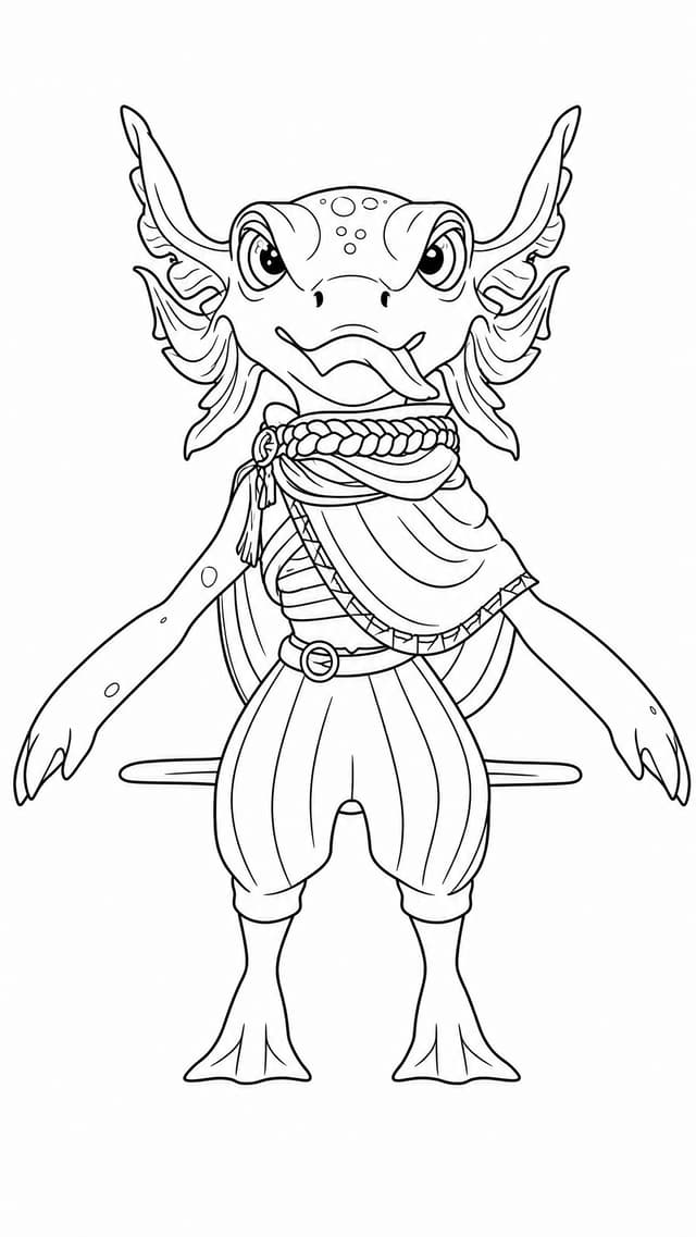 Pink Axolotl Creature Stands Upright Wearing Green Coloring Page