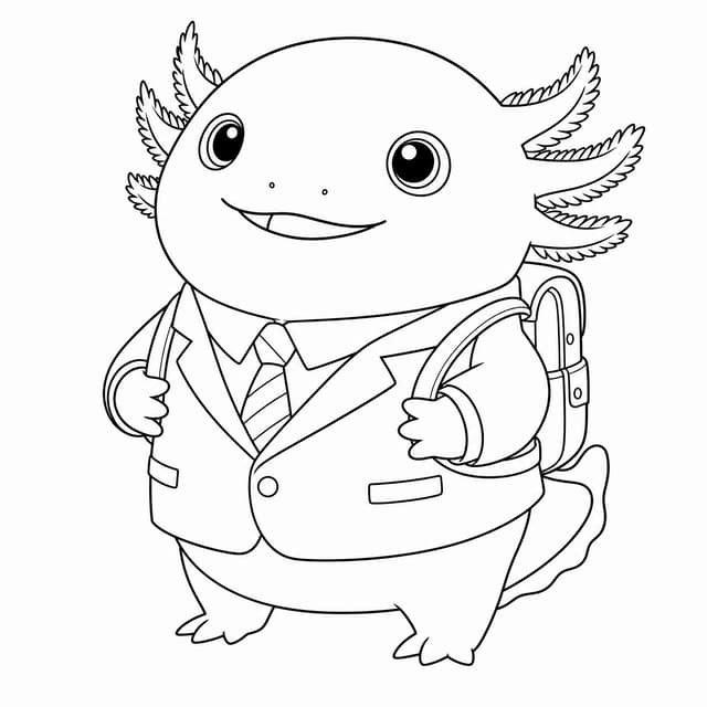 Pink Axolotl In Blue Suit Smiles Confidently With Backpack Coloring Page