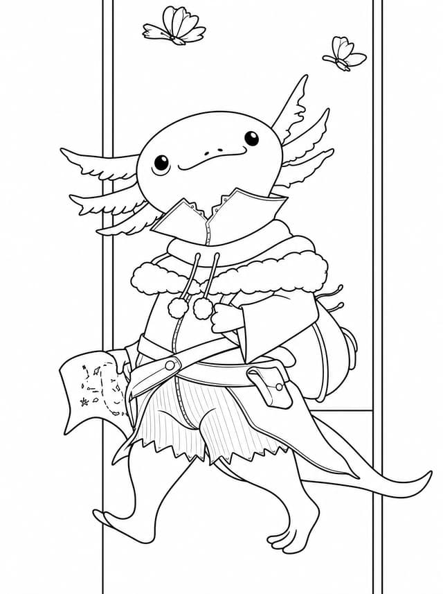 Axolotl Adventurer Walks With Map And Backpack Coloring Page