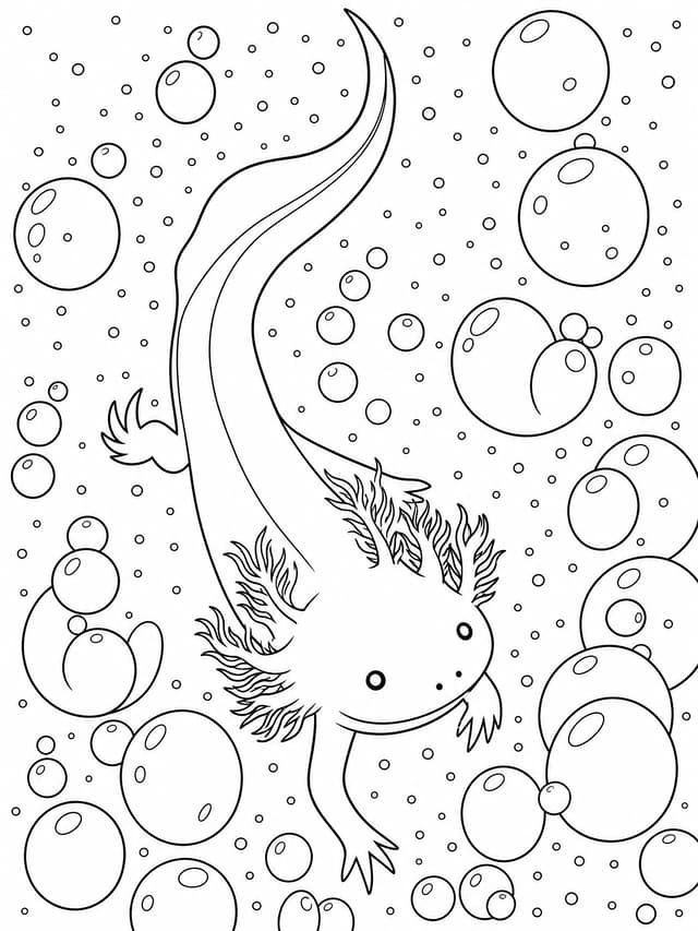 White Axolotl Swims Gracefully Among Bubbles Coloring Page