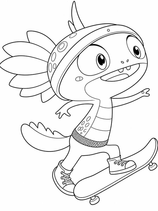 Pink Dragon Skateboarding Axolotl Coloring Page