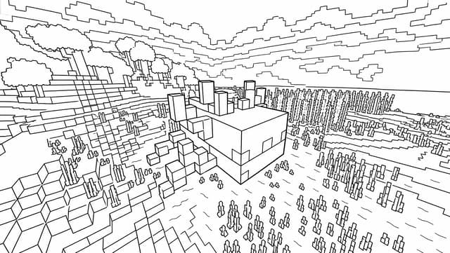 Yellow Minecraft Dragon Flies Over Grassy Terrain Coloring Page