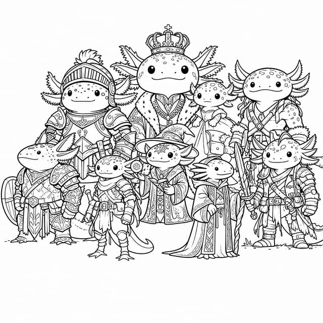 Heroic Axolotl Warriors In RPG Armor Coloring Page