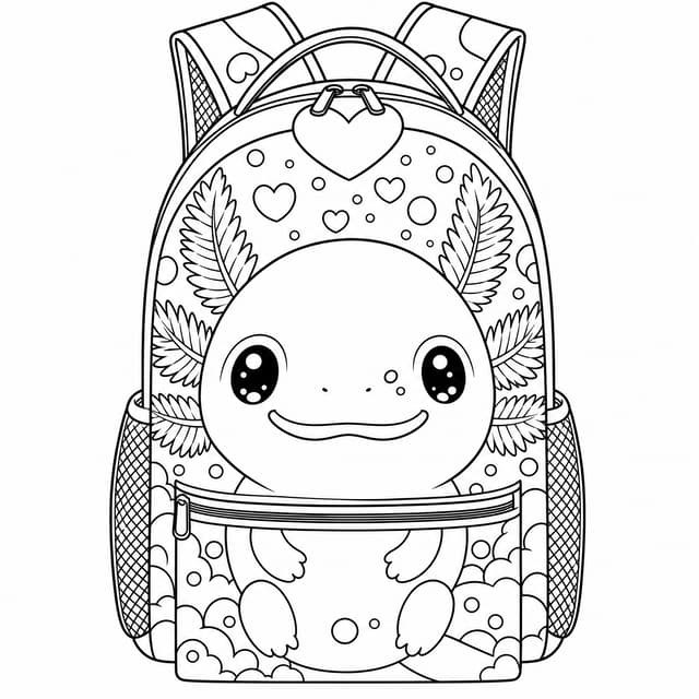 Axolotl Backpack with Rainbow Hearts Coloring Page