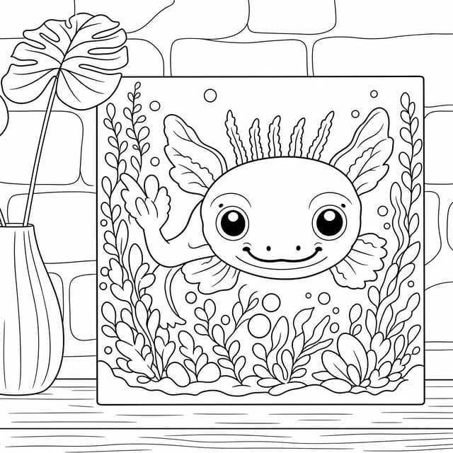 Smiling Axolotl Swims Amid Colorful Underwater Plants Coloring Page