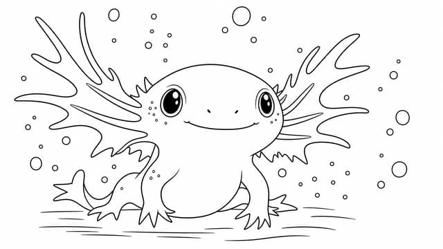 Cute Pink Axolotl With Red Frills Smiles Underwater Coloring Page
