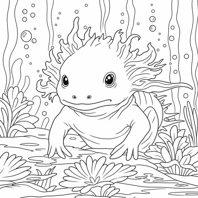 Pink Axolotl Resting on Lily Pads Coloring Page