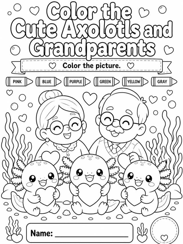 Cute Axolotls and Grandparents Coloring Page