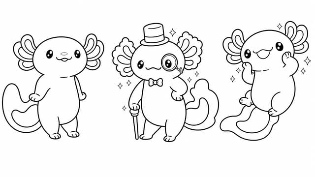 Three Cute Axolotls Wearing Top Hats Coloring Page