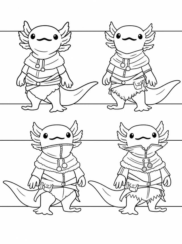 Four Axolotl Characters In Colorful Outfits Standing Coloring Page
