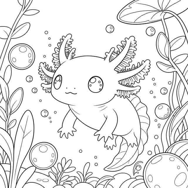 Pink Axolotl Swimming Underwater Coloring Page