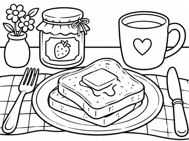 Breakfast Spread with Butter on Toast Squishy Coloring Page