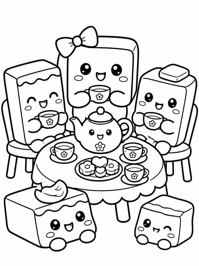 Kawaii Butter Squishy Friends Tea Party Coloring Page