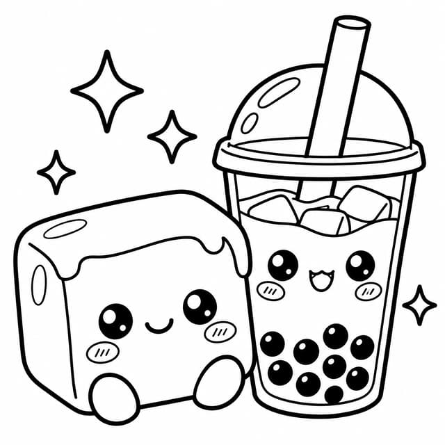 Kawaii Butter Squishy and Boba Tea Coloring Page
