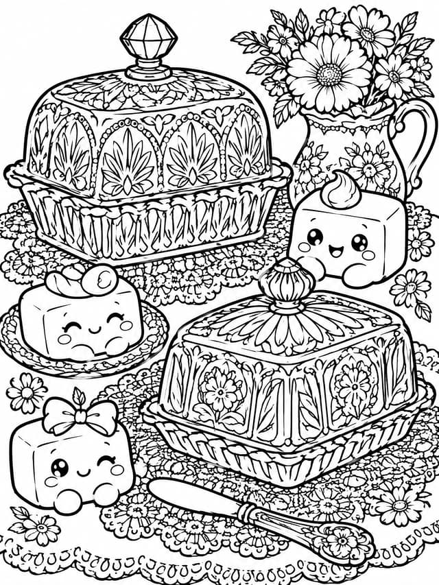 Vintage Butter Dishes and Butter Squishy Friends Coloring Page