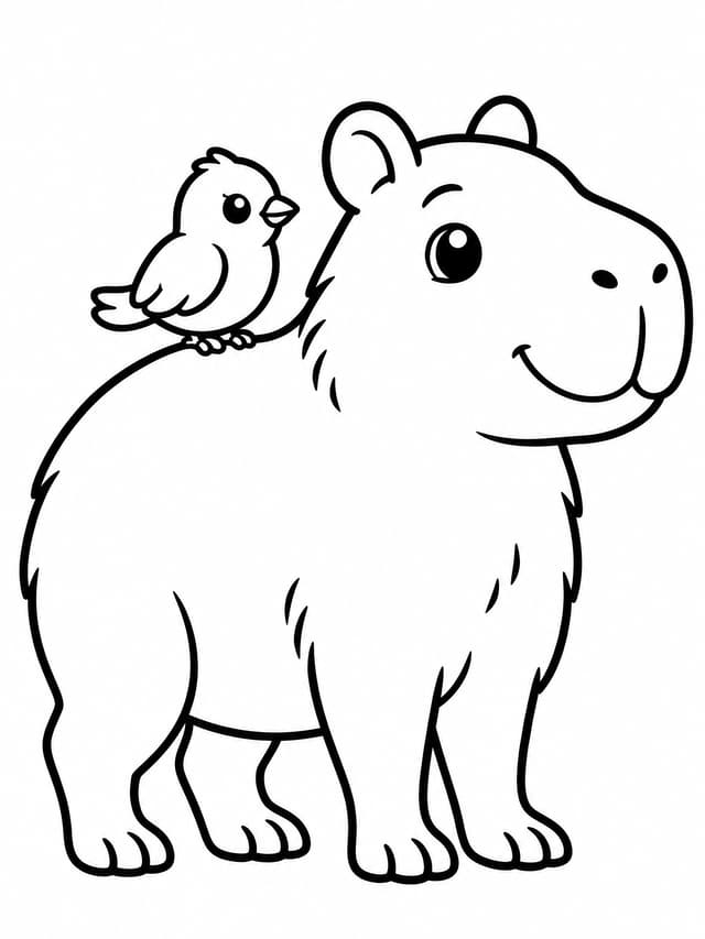 Cute Capybara with Bird Coloring Page