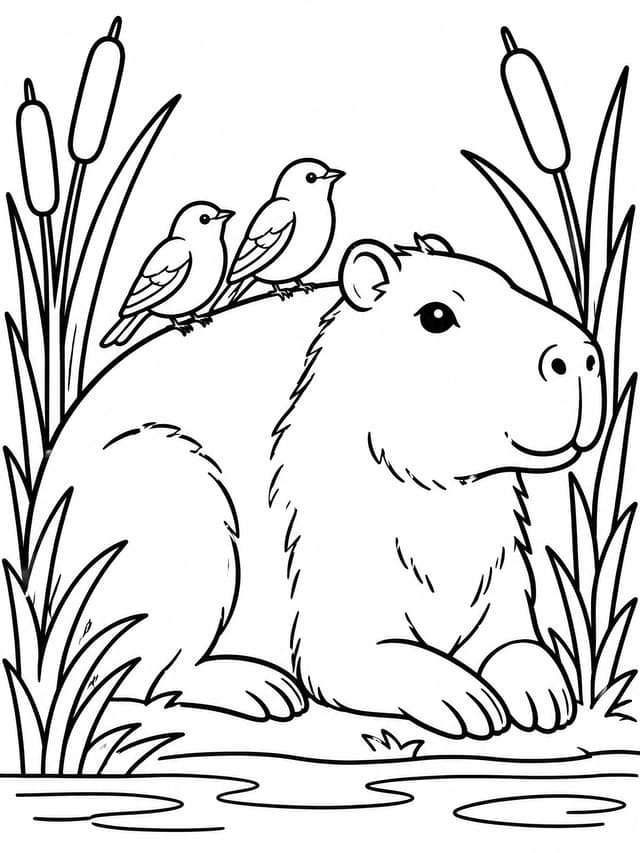Capybara and Tropical Birds Coloring Page