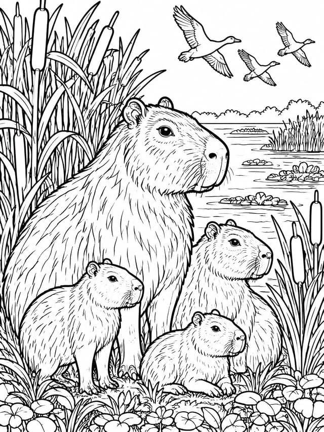 Majestic Capybara Wetland Landscape Coloring Page