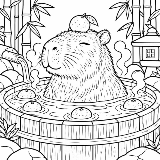 Detailed Capybara Hot Spring Zen Coloring Page