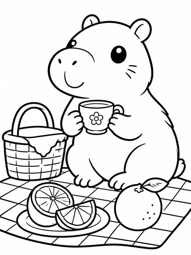 Kawaii Capybara Tea Party Coloring Page