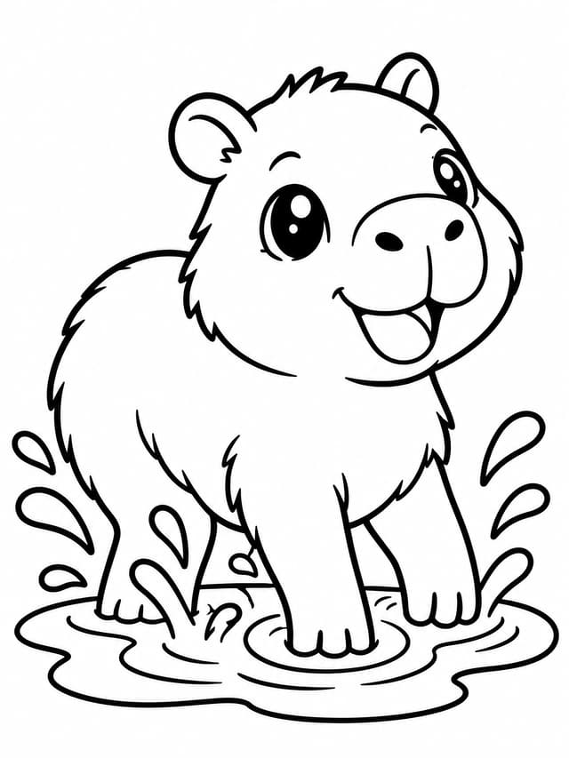 Happy Capybara in Puddle Coloring Page