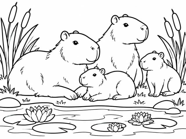 Capybara Herd by Lagoon Coloring Page