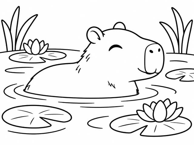Capybara Swimming in Pond Coloring Page