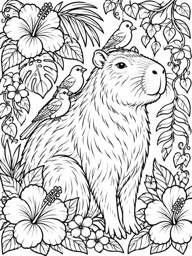 Ornate Capybara with Birds and Flora Coloring Page