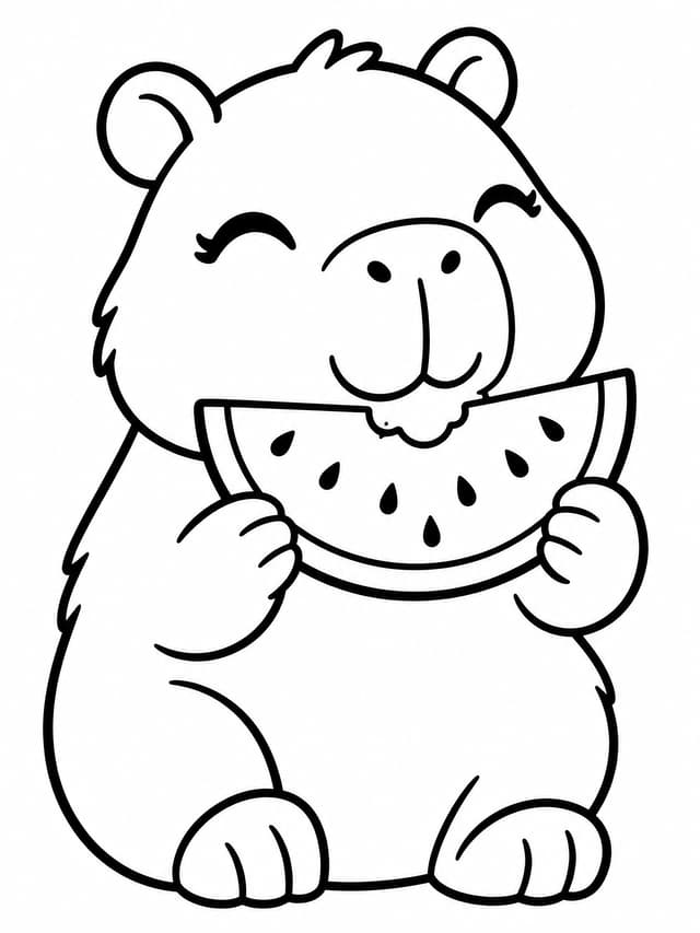 Kawaii Capybara Eating Watermelon Coloring Page
