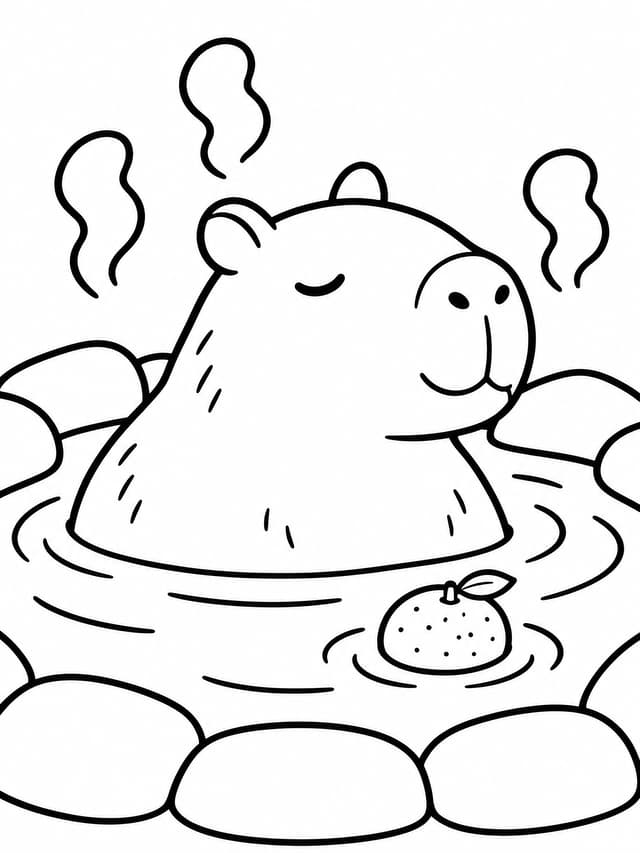 Capybara Relaxing in Hot Spring Coloring Page