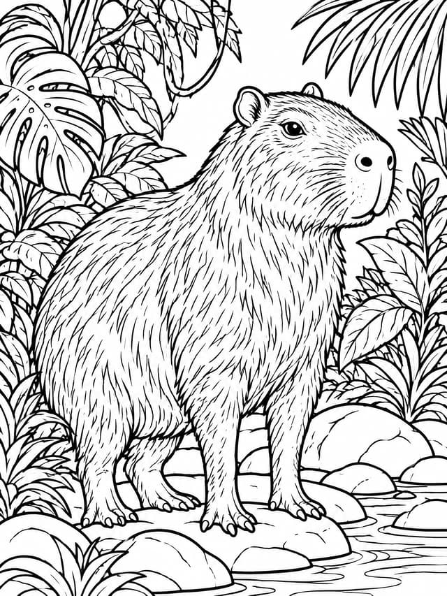 Realistic Capybara in Rainforest Habitat Coloring Page