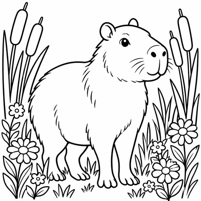 Capybara Grazing in Meadow Coloring Page