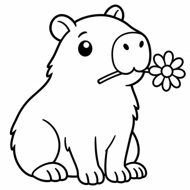 Kawaii Capybara with Flower Coloring Page
