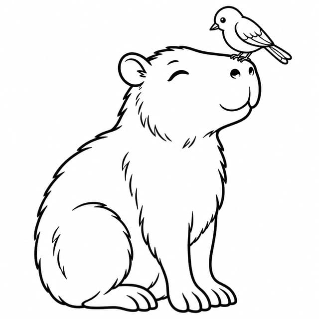 Capybara with Little Bird on Snout Coloring Page