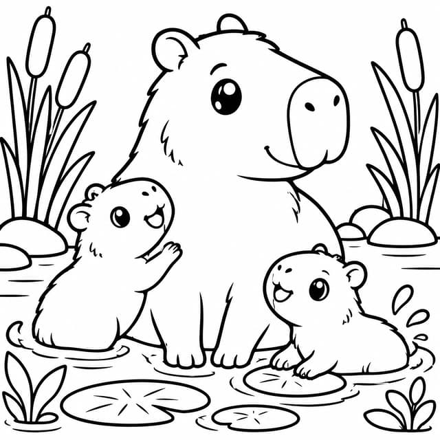 Kawaii Capybara Family Coloring Page