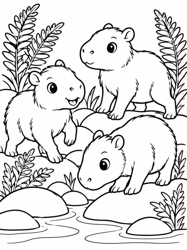 Baby Capybaras Playing Coloring Page