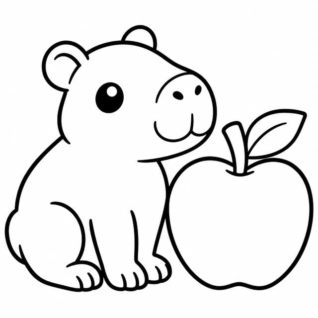 Baby Capybara with Apple Coloring Page